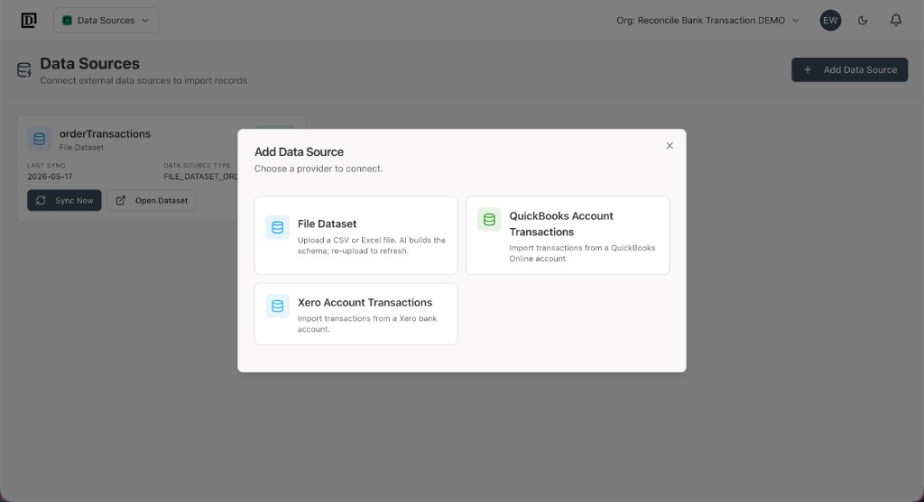 Add Data Source modal with File Dataset, QuickBooks, and Xero options
