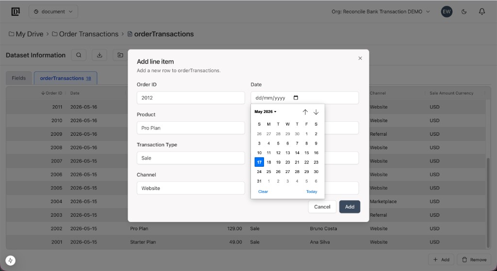 Add line item modal for adding a new order transaction row