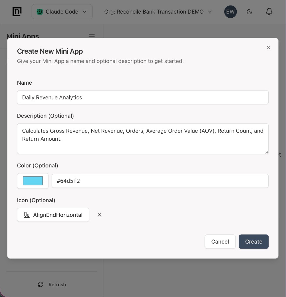 Create New Mini App modal with Daily Revenue Analytics name and description